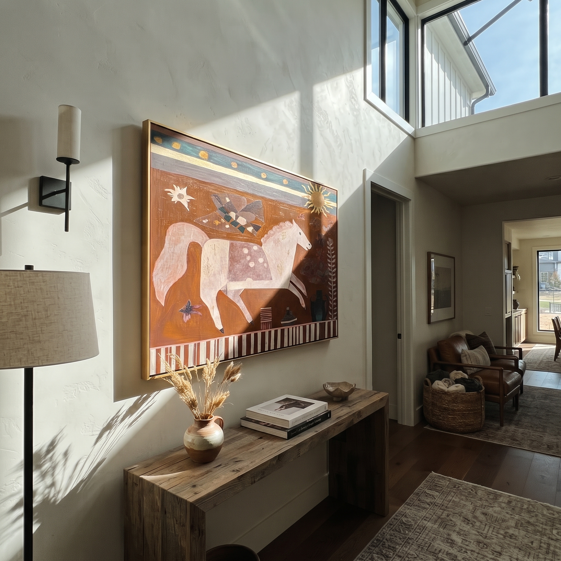 Pale Horse Runs Sunward - white horse folk painting by Ethan Mercer, contemporary Western horizontal wall art – styled room scene view 5
