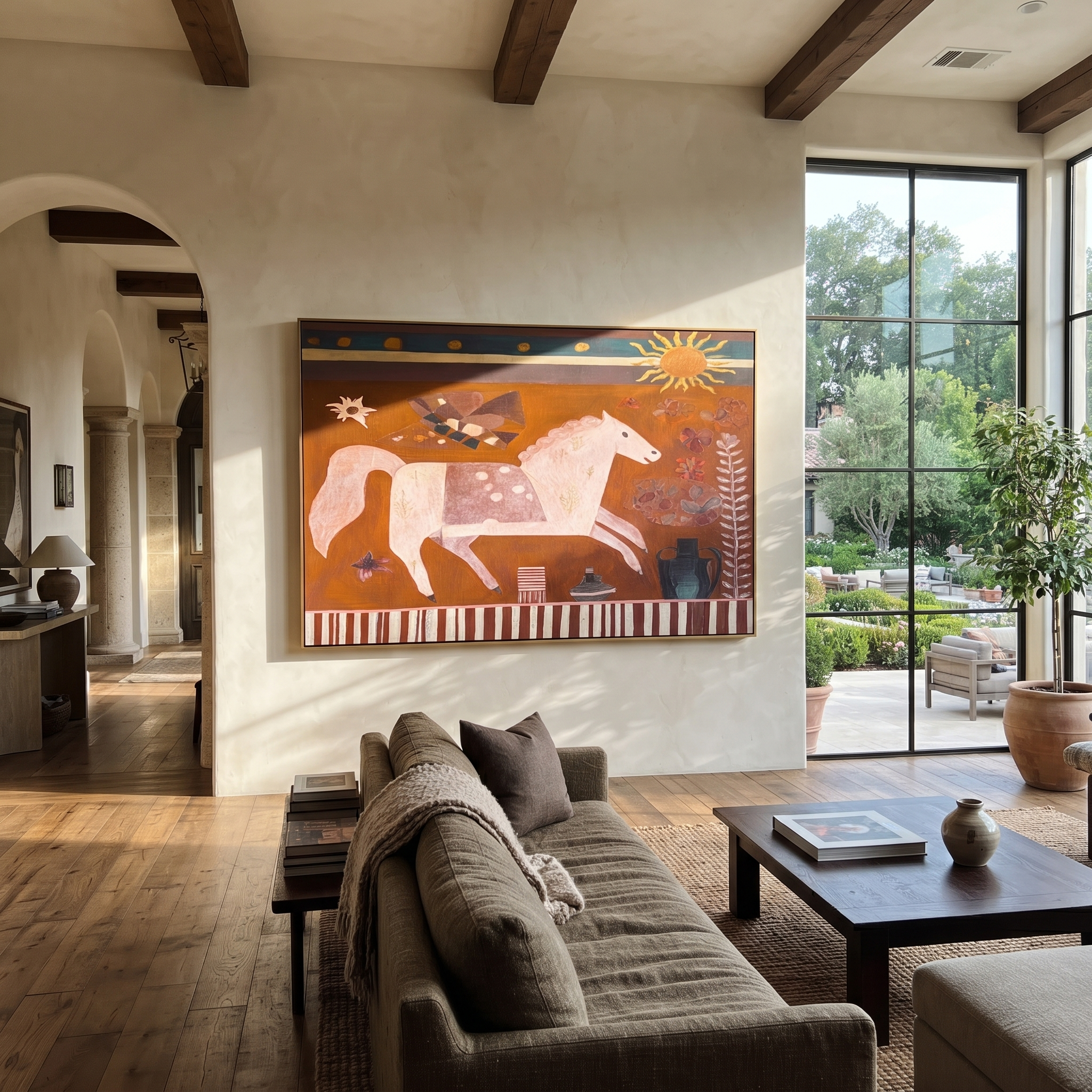 Pale Horse Runs Sunward - white horse folk painting by Ethan Mercer, contemporary Western horizontal wall art – styled room scene view 6