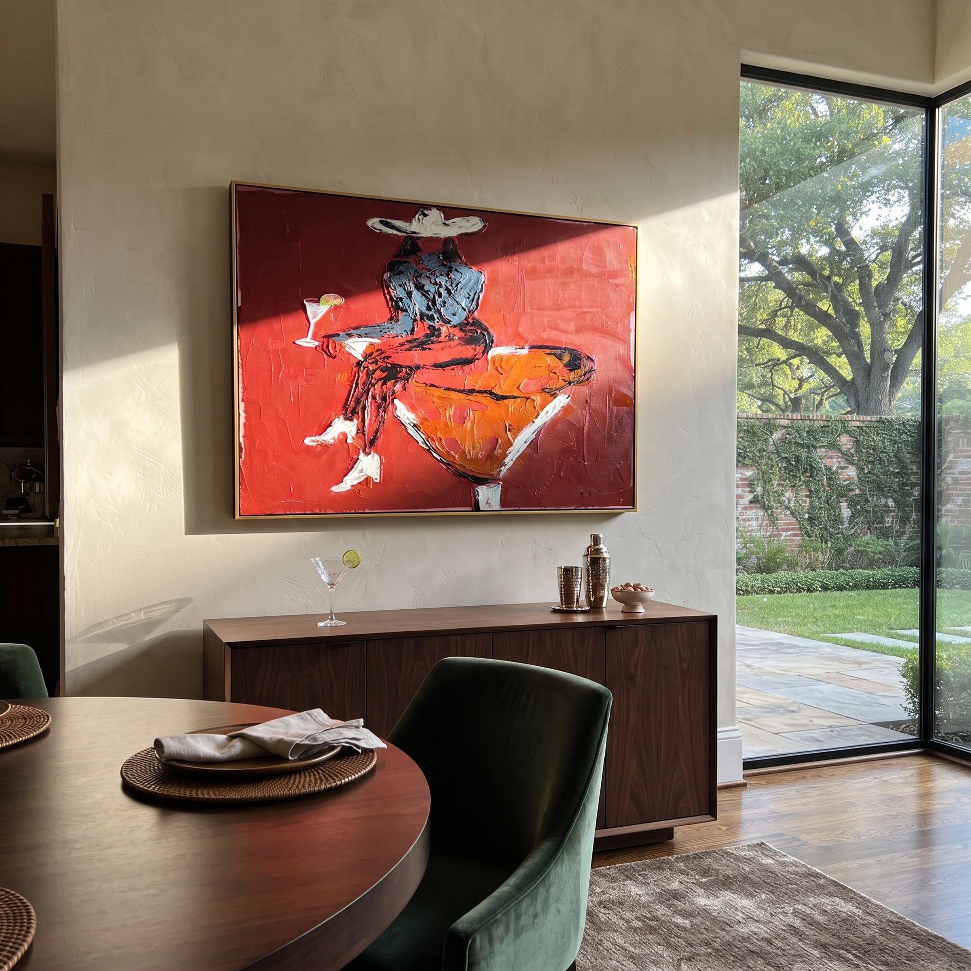 Burgundy Glass Holds Midnight - seated cowgirl martini portrait by Ethan Mercer, contemporary Western horizontal wall art – styled room scene view 1