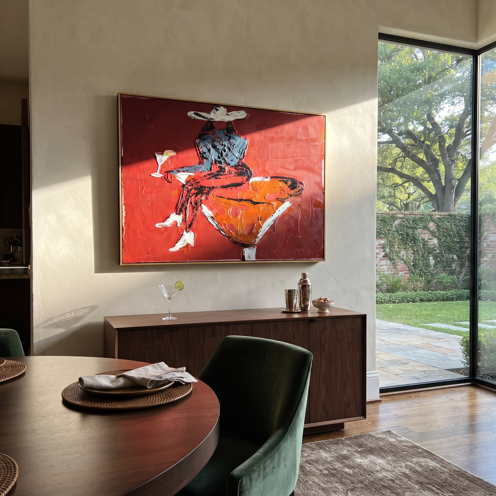Burgundy Glass Holds Midnight - seated cowgirl martini portrait by Ethan Mercer, contemporary Western horizontal wall art – styled room scene view 1