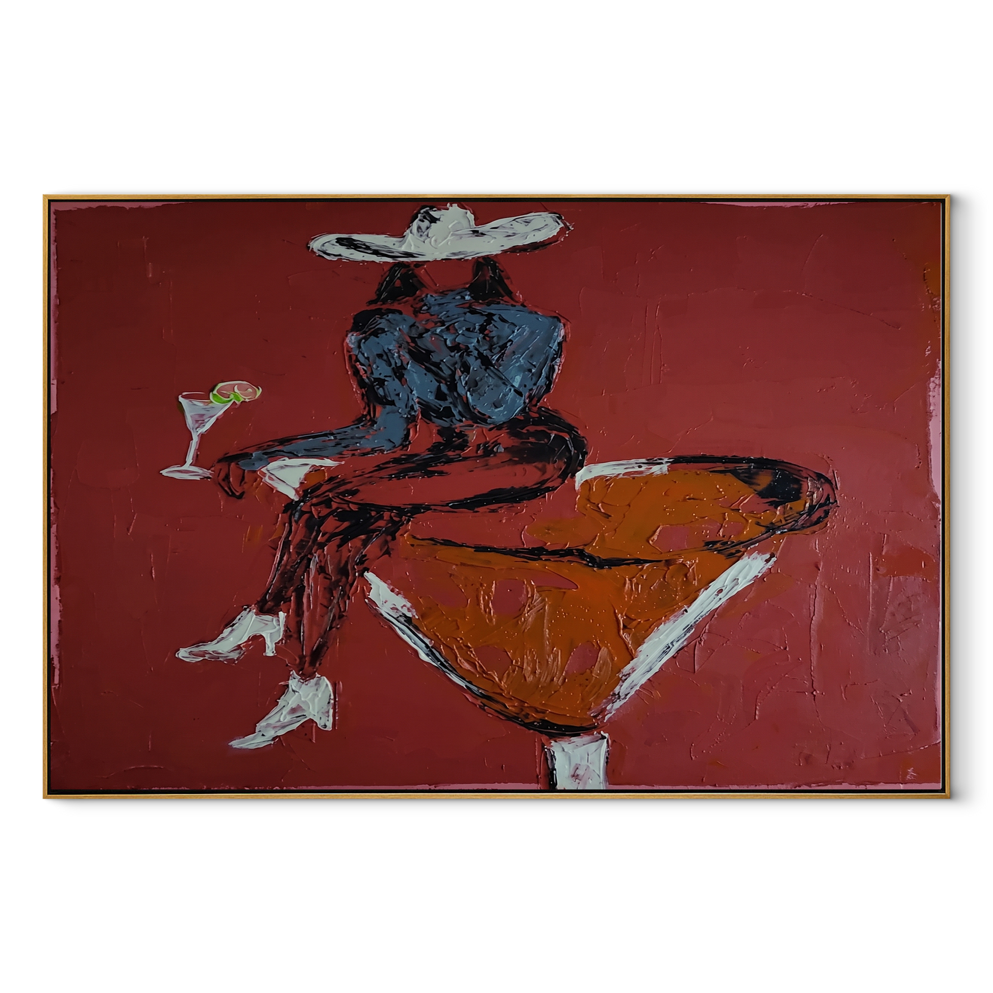 Burgundy Glass Holds Midnight - seated cowgirl martini portrait by Ethan Mercer, contemporary Western horizontal wall art – wood frame on white background