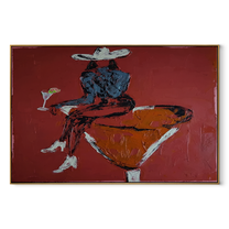 Burgundy Glass Holds Midnight - seated cowgirl martini portrait by Ethan Mercer, contemporary Western horizontal wall art – wood frame on white background