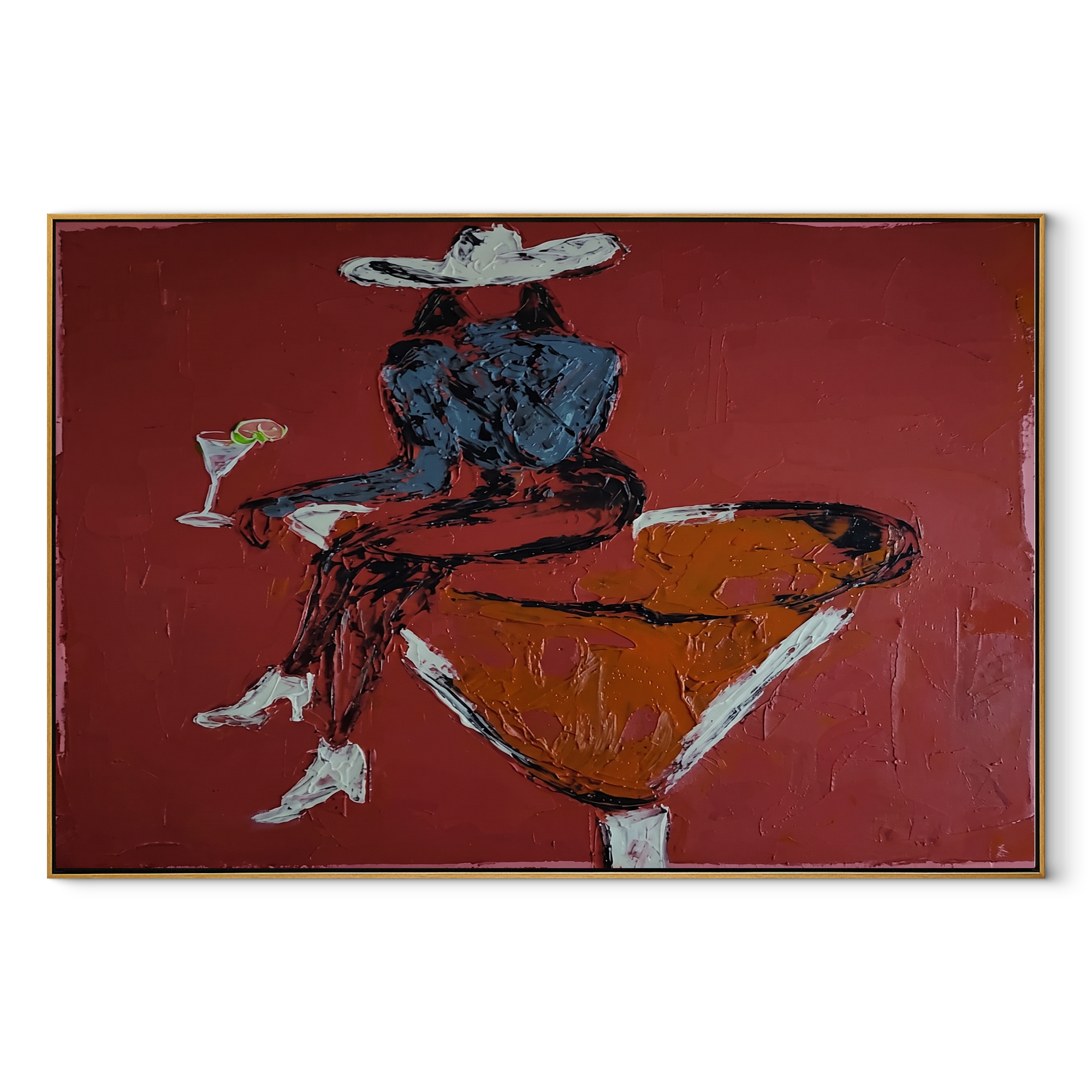 Burgundy Glass Holds Midnight - seated cowgirl martini portrait by Ethan Mercer, contemporary Western horizontal wall art – wood frame on white background
