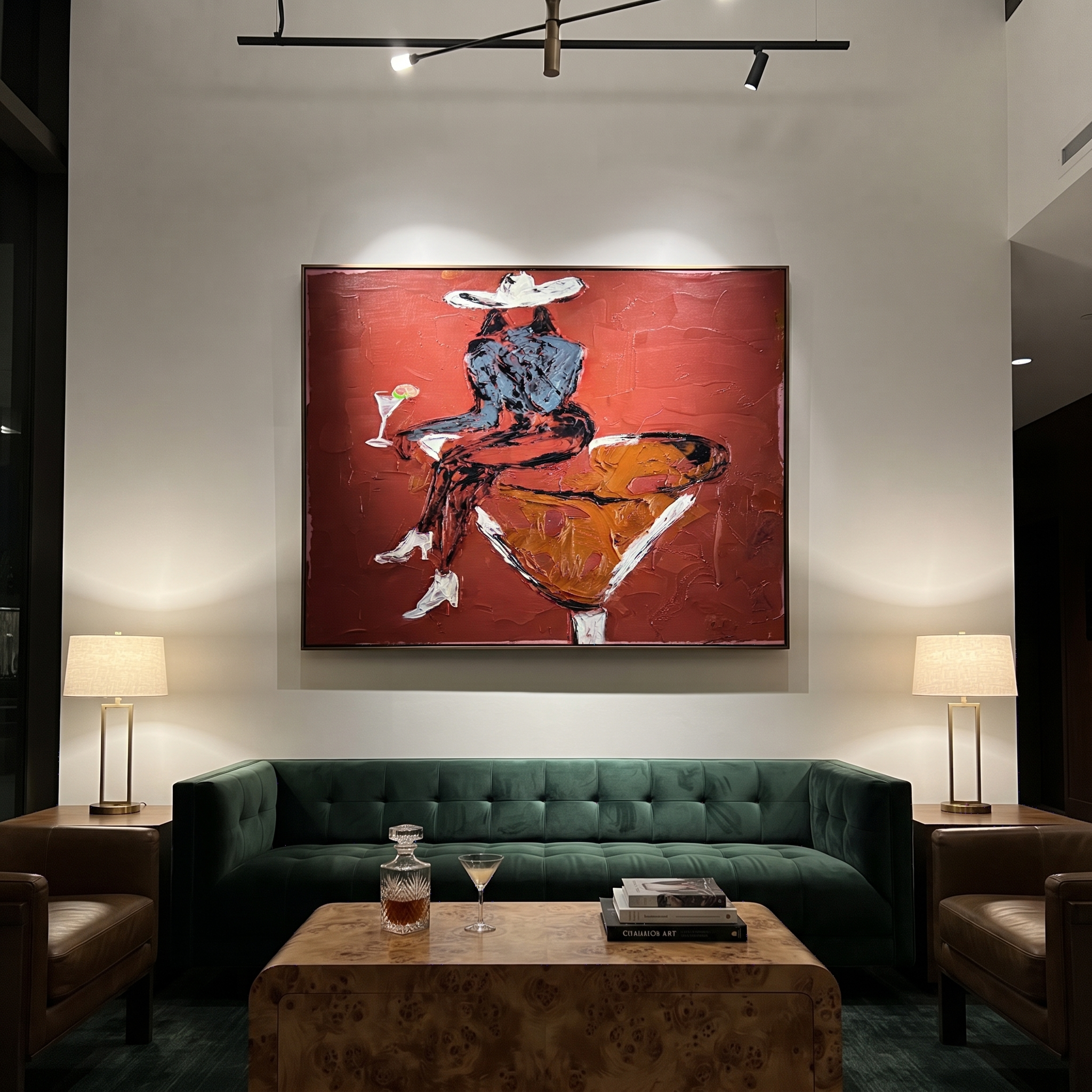 Burgundy Glass Holds Midnight - seated cowgirl martini portrait by Ethan Mercer, contemporary Western horizontal wall art – styled room scene view 3
