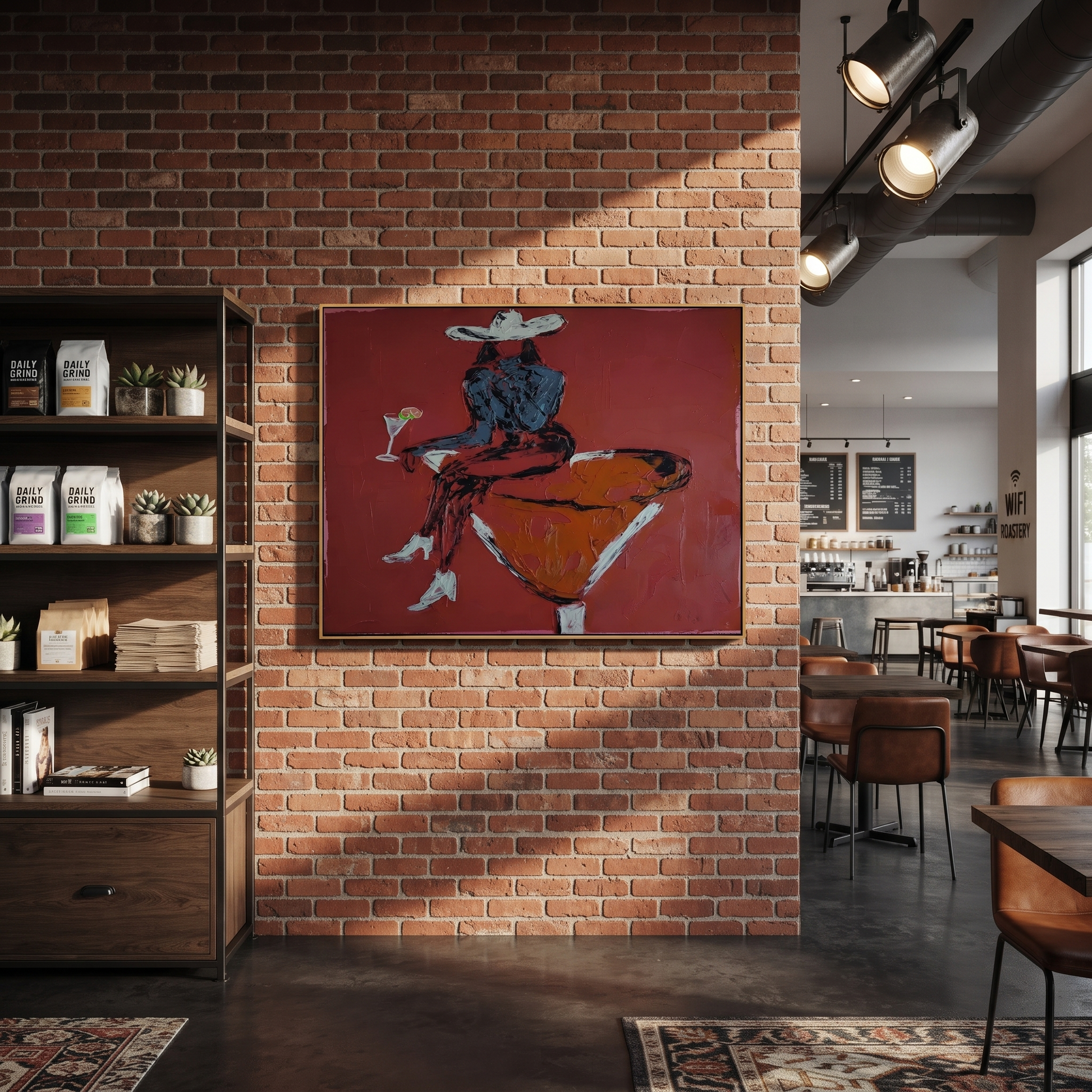 Burgundy Glass Holds Midnight - seated cowgirl martini portrait by Ethan Mercer, contemporary Western horizontal wall art – styled room scene view 4