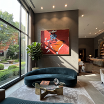 Burgundy Glass Holds Midnight - seated cowgirl martini portrait by Ethan Mercer, contemporary Western horizontal wall art – styled room scene view 5