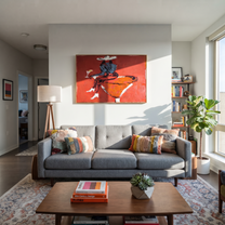 Burgundy Glass Holds Midnight - seated cowgirl martini portrait by Ethan Mercer, contemporary Western horizontal wall art – styled room scene view 6