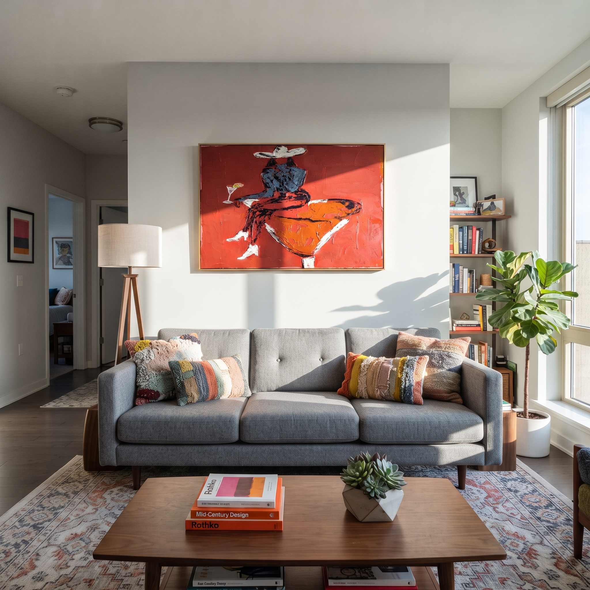 Burgundy Glass Holds Midnight - seated cowgirl martini portrait by Ethan Mercer, contemporary Western horizontal wall art – styled room scene view 6