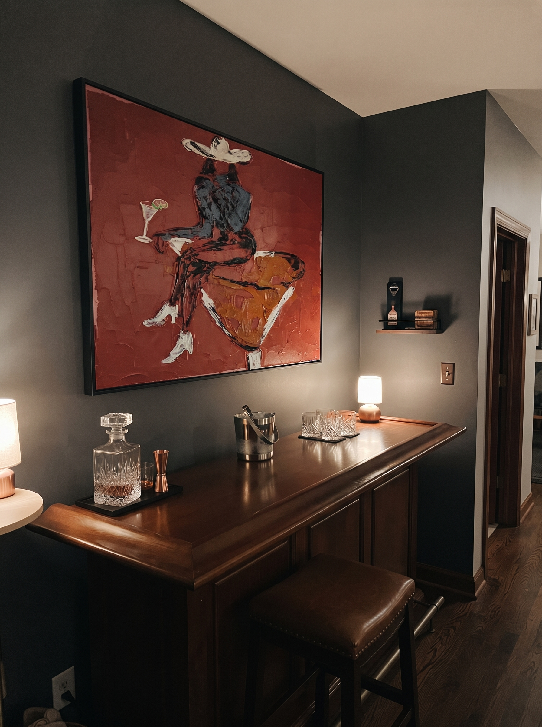 Burgundy Glass Holds Midnight - seated cowgirl martini portrait by Ethan Mercer, contemporary Western horizontal wall art – styled room scene view 10