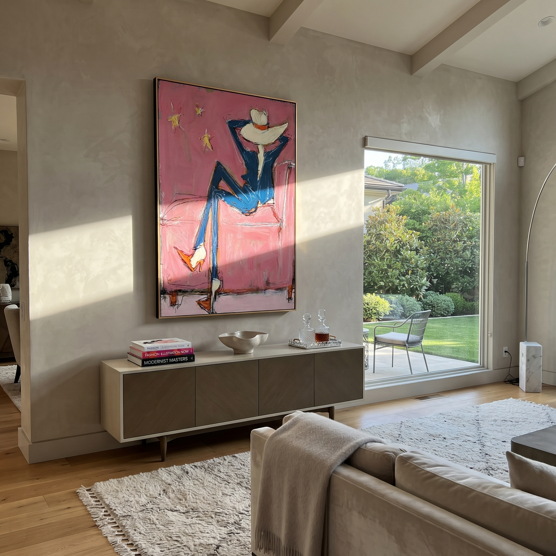 Blue Boots Face Starlight - relaxed cowboy chair portrait by Ethan Mercer, contemporary Western vertical wall art – styled room scene view 1