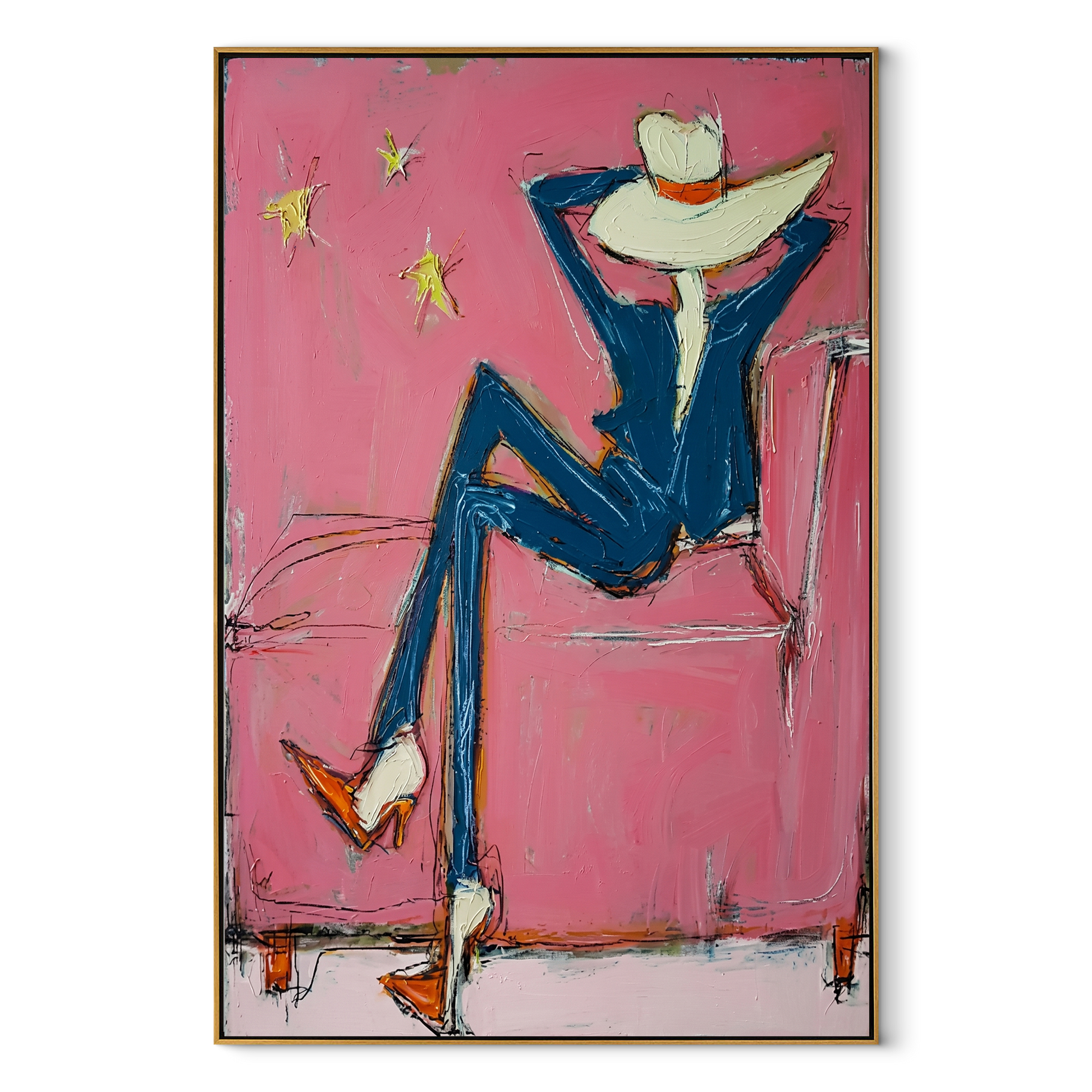 Blue Boots Face Starlight - relaxed cowboy chair portrait by Ethan Mercer, contemporary Western vertical wall art – wood frame on white background