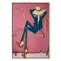 Blue Boots Face Starlight - relaxed cowboy chair portrait by Ethan Mercer, contemporary Western vertical wall art – wood frame on white background