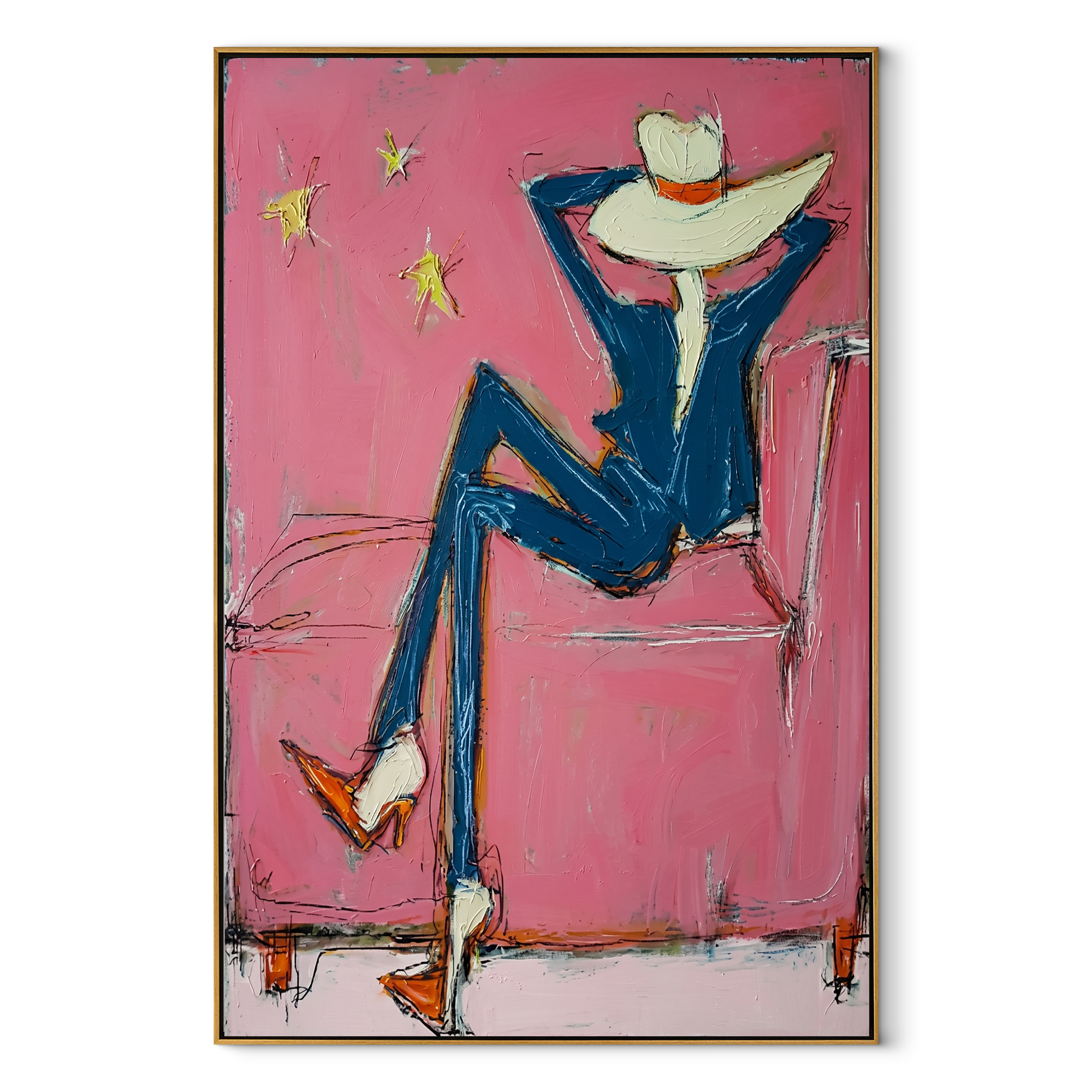 Blue Boots Face Starlight - relaxed cowboy chair portrait by Ethan Mercer, contemporary Western vertical wall art – wood frame on white background