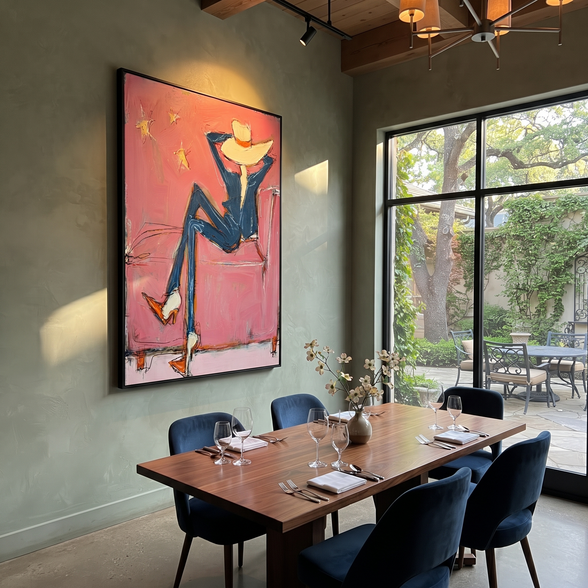 Blue Boots Face Starlight - relaxed cowboy chair portrait by Ethan Mercer, contemporary Western vertical wall art – styled room scene view 2