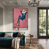 Blue Boots Face Starlight - relaxed cowboy chair portrait by Ethan Mercer, contemporary Western vertical wall art – styled room scene view 4