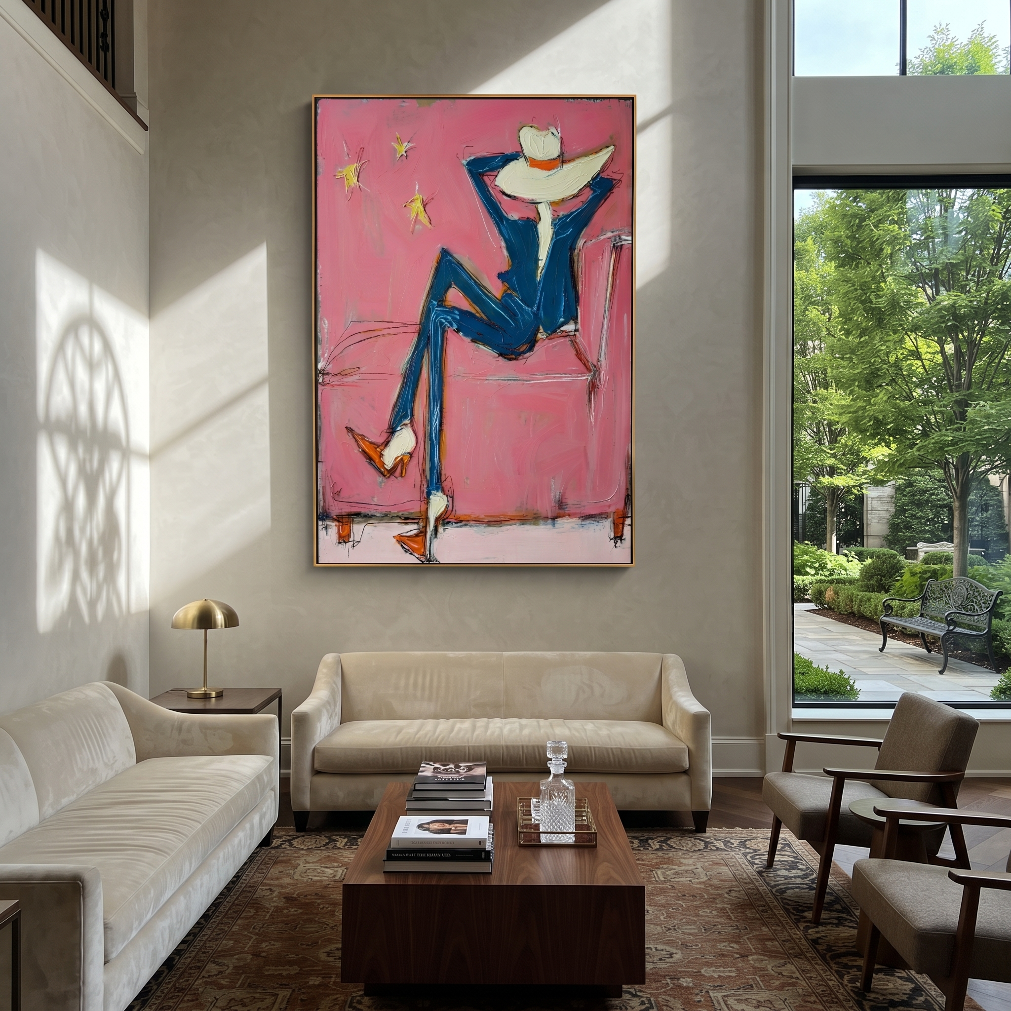 Blue Boots Face Starlight - relaxed cowboy chair portrait by Ethan Mercer, contemporary Western vertical wall art – styled room scene view 5