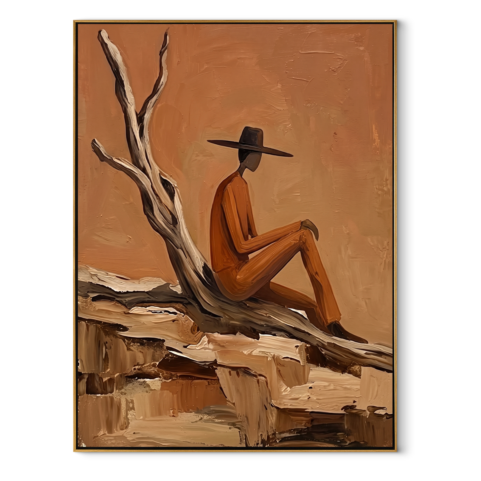 Deadwood Keeps His Counsel - solitary cowboy landscape painting by Ethan Mercer, contemporary Western vertical wall art – wood frame on white background