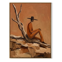 Deadwood Keeps His Counsel - solitary cowboy landscape painting by Ethan Mercer, contemporary Western vertical wall art – wood frame on white background