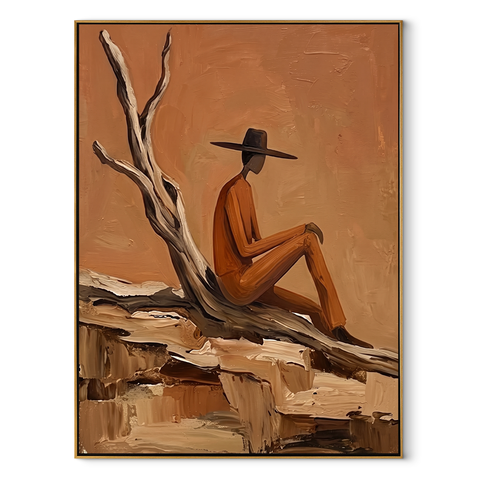 Deadwood Keeps His Counsel - solitary cowboy landscape painting by Ethan Mercer, contemporary Western vertical wall art – wood frame on white background