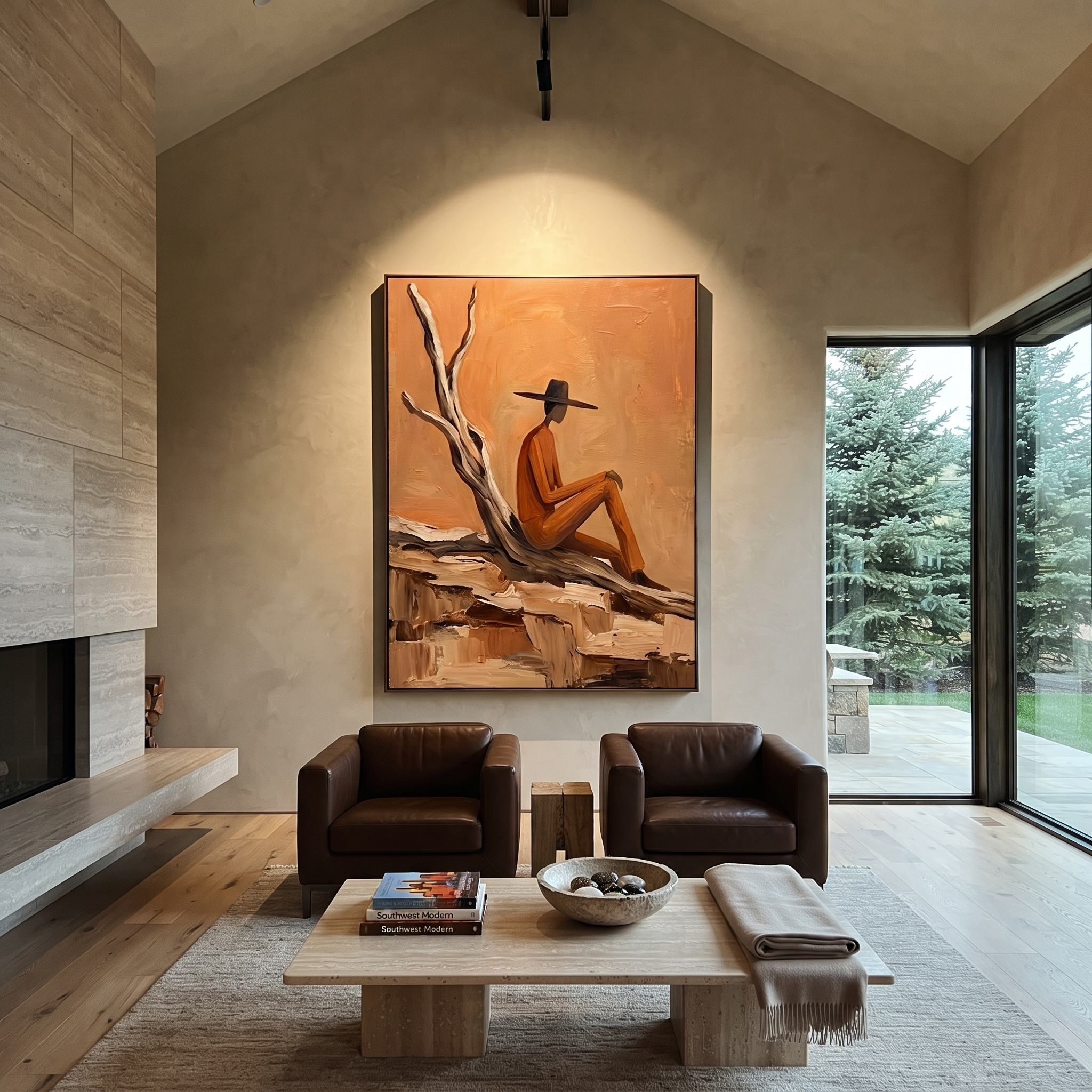 Deadwood Keeps His Counsel - solitary cowboy landscape painting by Ethan Mercer, contemporary Western vertical wall art – styled room scene view 2