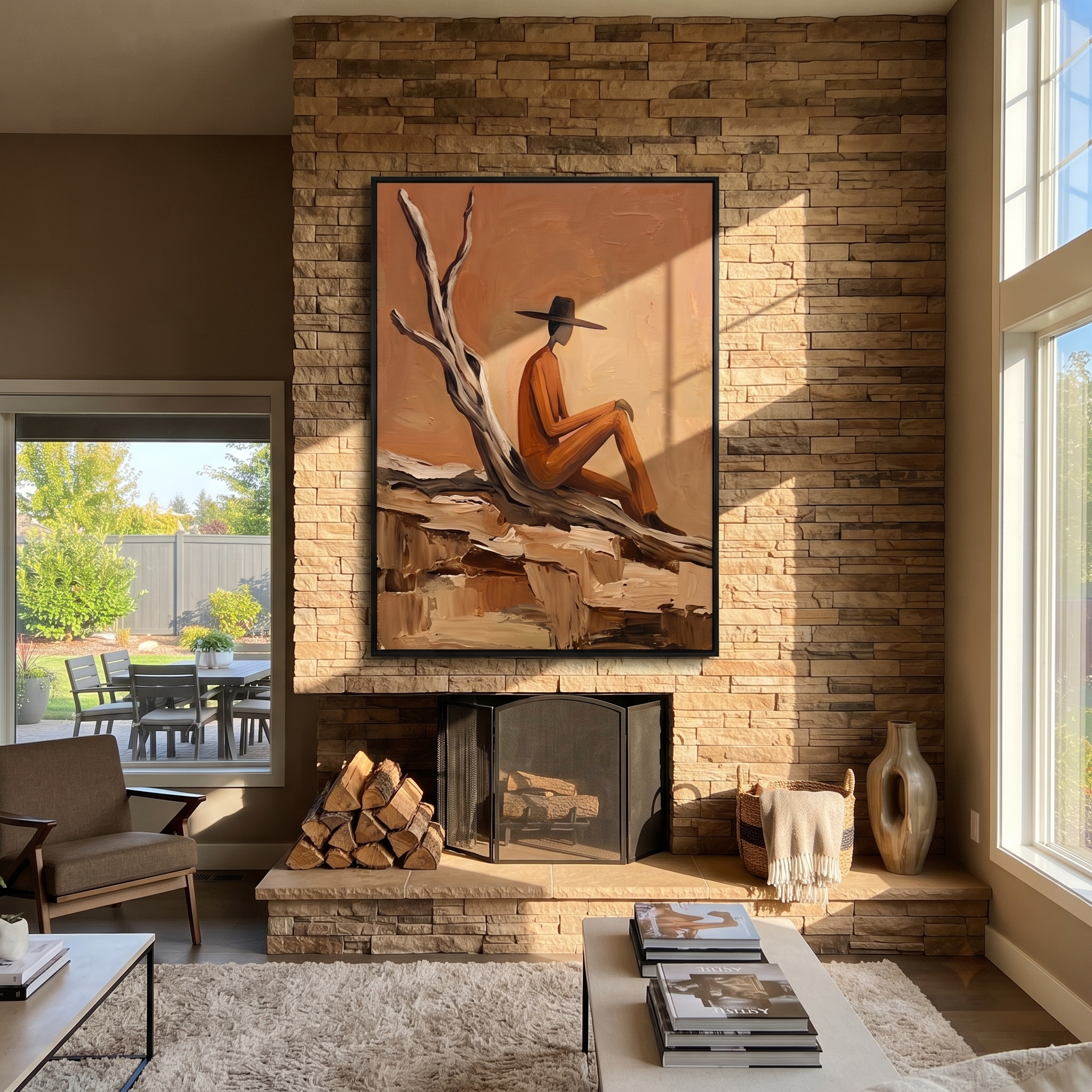 Deadwood Keeps His Counsel - solitary cowboy landscape painting by Ethan Mercer, contemporary Western vertical wall art – styled room scene view 3