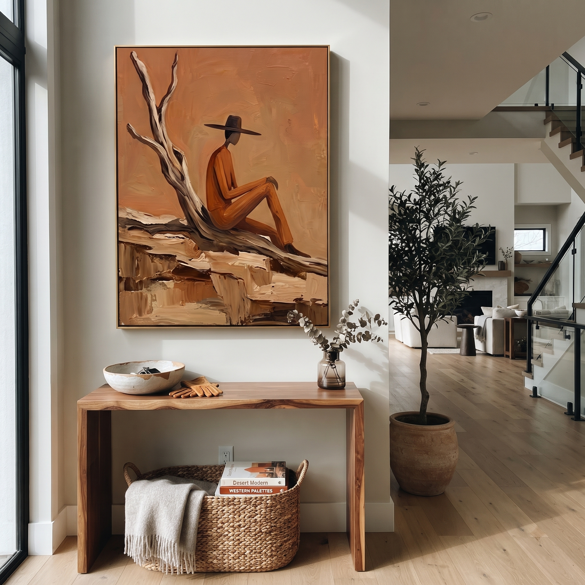Deadwood Keeps His Counsel - solitary cowboy landscape painting by Ethan Mercer, contemporary Western vertical wall art – styled room scene view 4