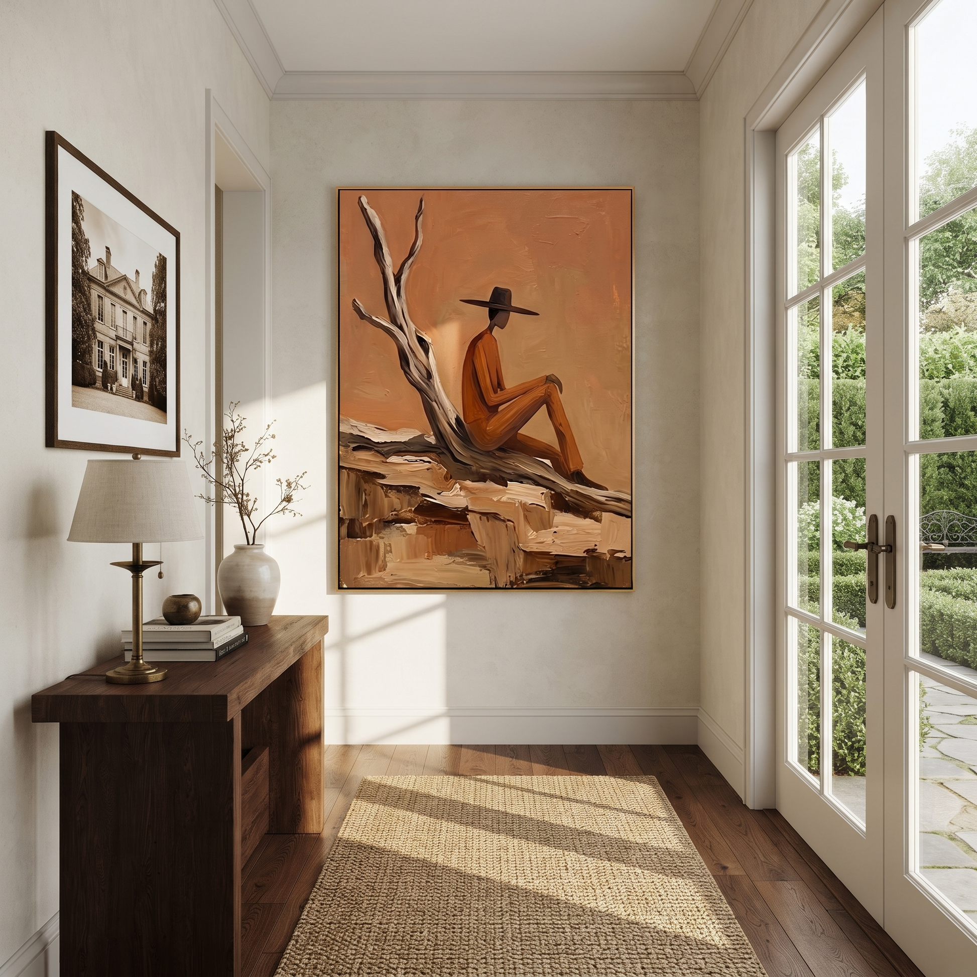 Deadwood Keeps His Counsel - solitary cowboy landscape painting by Ethan Mercer, contemporary Western vertical wall art – styled room scene view 5