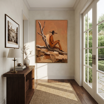 Deadwood Keeps His Counsel - solitary cowboy landscape painting by Ethan Mercer, contemporary Western vertical wall art – styled room scene view 5