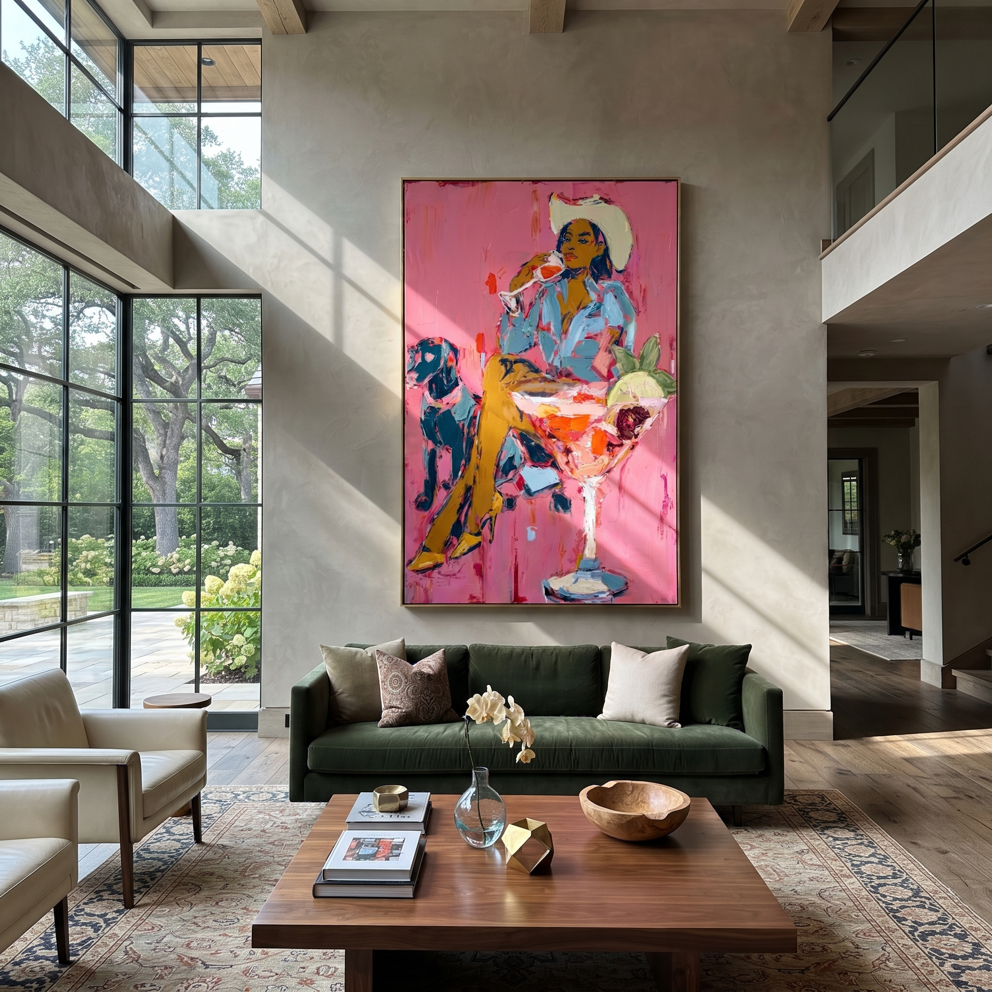 Pink Cocktails Guard Company - cowgirl dog cocktail painting by Ethan Mercer, contemporary Western vertical wall art – styled room scene view 1