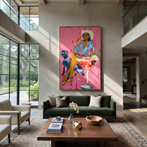 Pink Cocktails Guard Company - cowgirl dog cocktail painting by Ethan Mercer, contemporary Western vertical wall art – styled room scene view 1