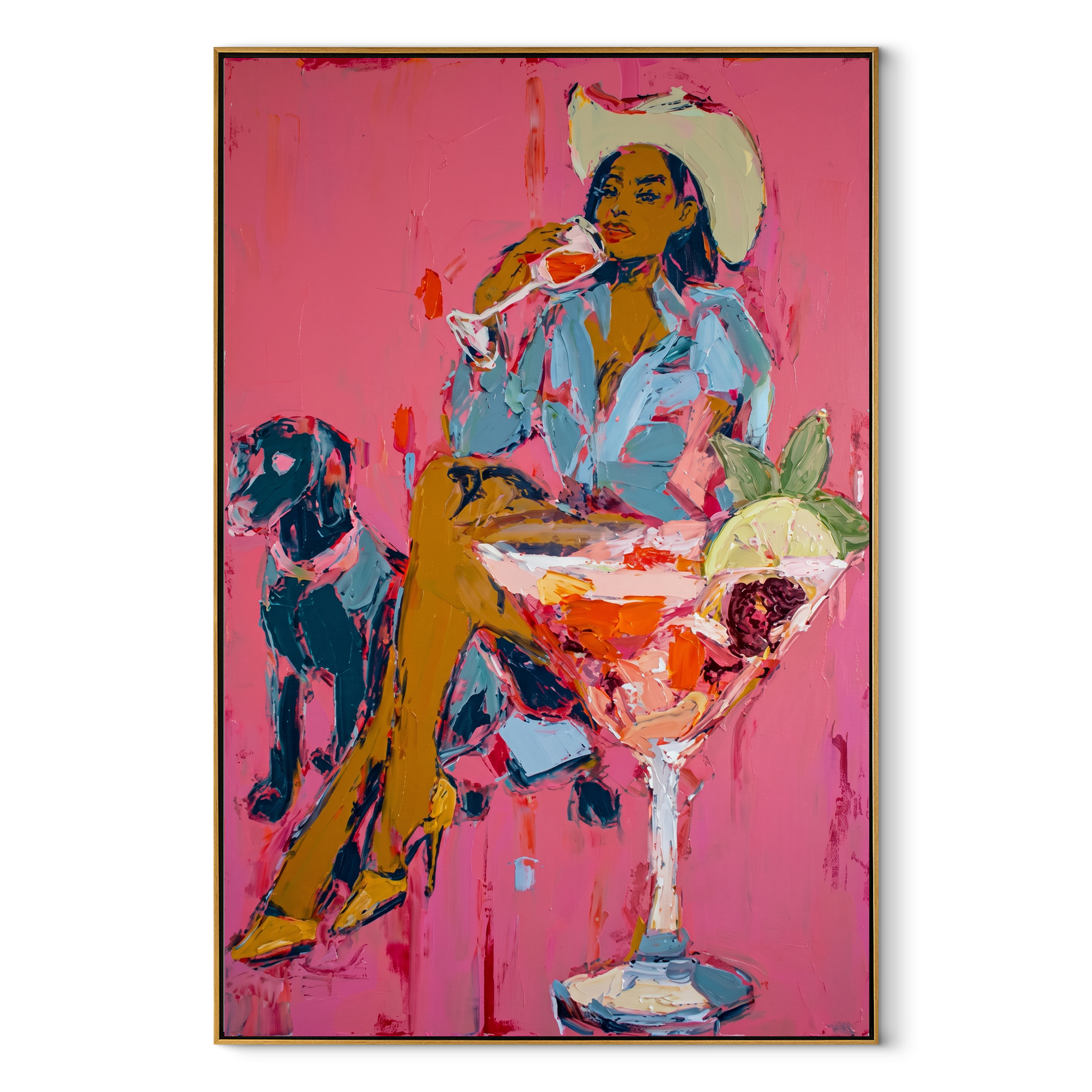 Pink Cocktails Guard Company - cowgirl dog cocktail painting by Ethan Mercer, contemporary Western vertical wall art – wood frame on white background