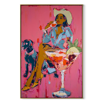 Pink Cocktails Guard Company - cowgirl dog cocktail painting by Ethan Mercer, contemporary Western vertical wall art – wood frame on white background