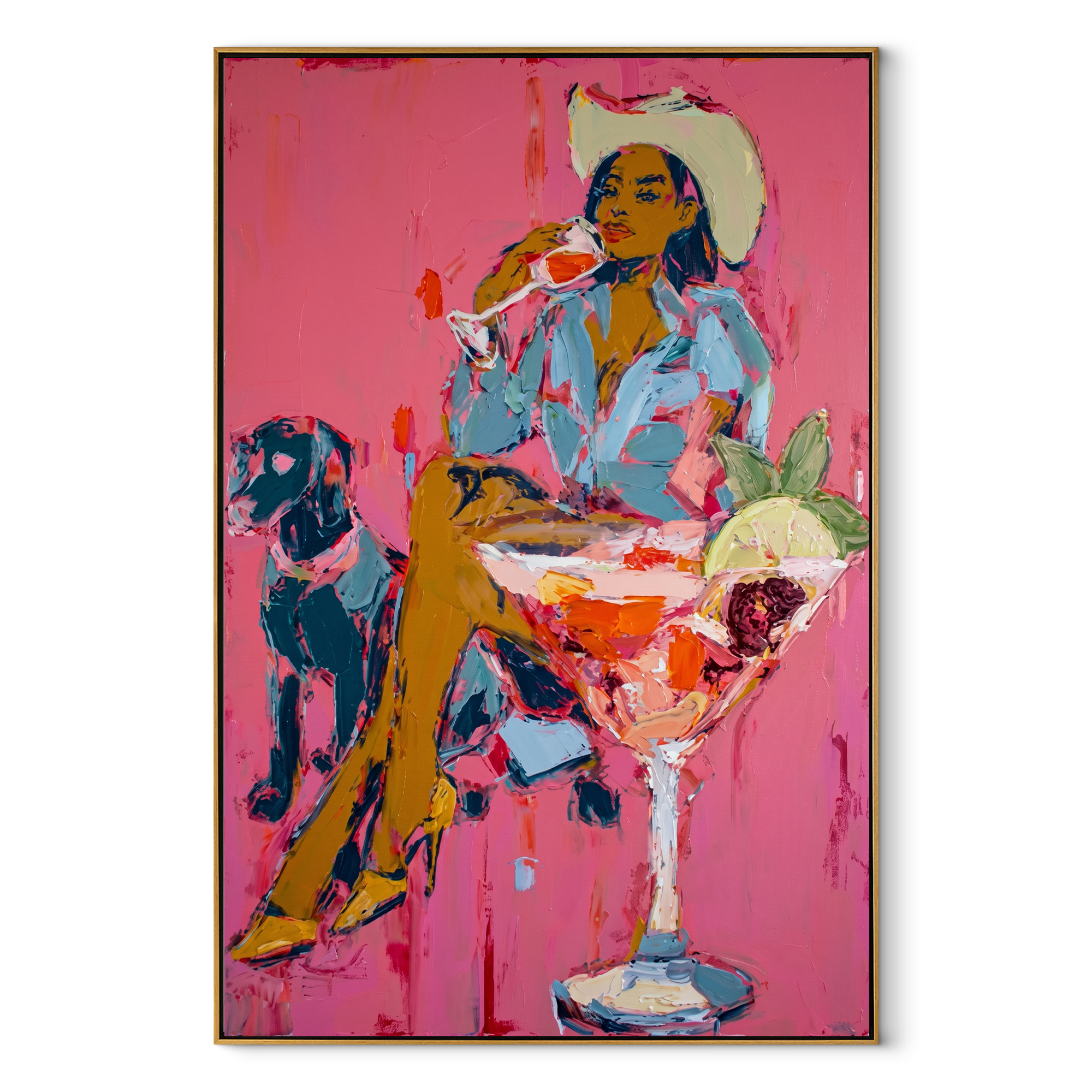 Pink Cocktails Guard Company - cowgirl dog cocktail painting by Ethan Mercer, contemporary Western vertical wall art – wood frame on white background