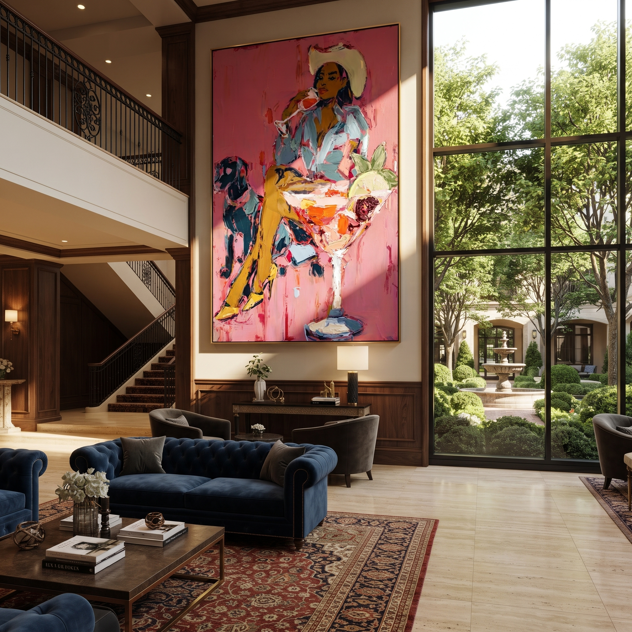 Pink Cocktails Guard Company - cowgirl dog cocktail painting by Ethan Mercer, contemporary Western vertical wall art – styled room scene view 2