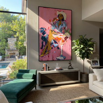 Pink Cocktails Guard Company - cowgirl dog cocktail painting by Ethan Mercer, contemporary Western vertical wall art – styled room scene view 3