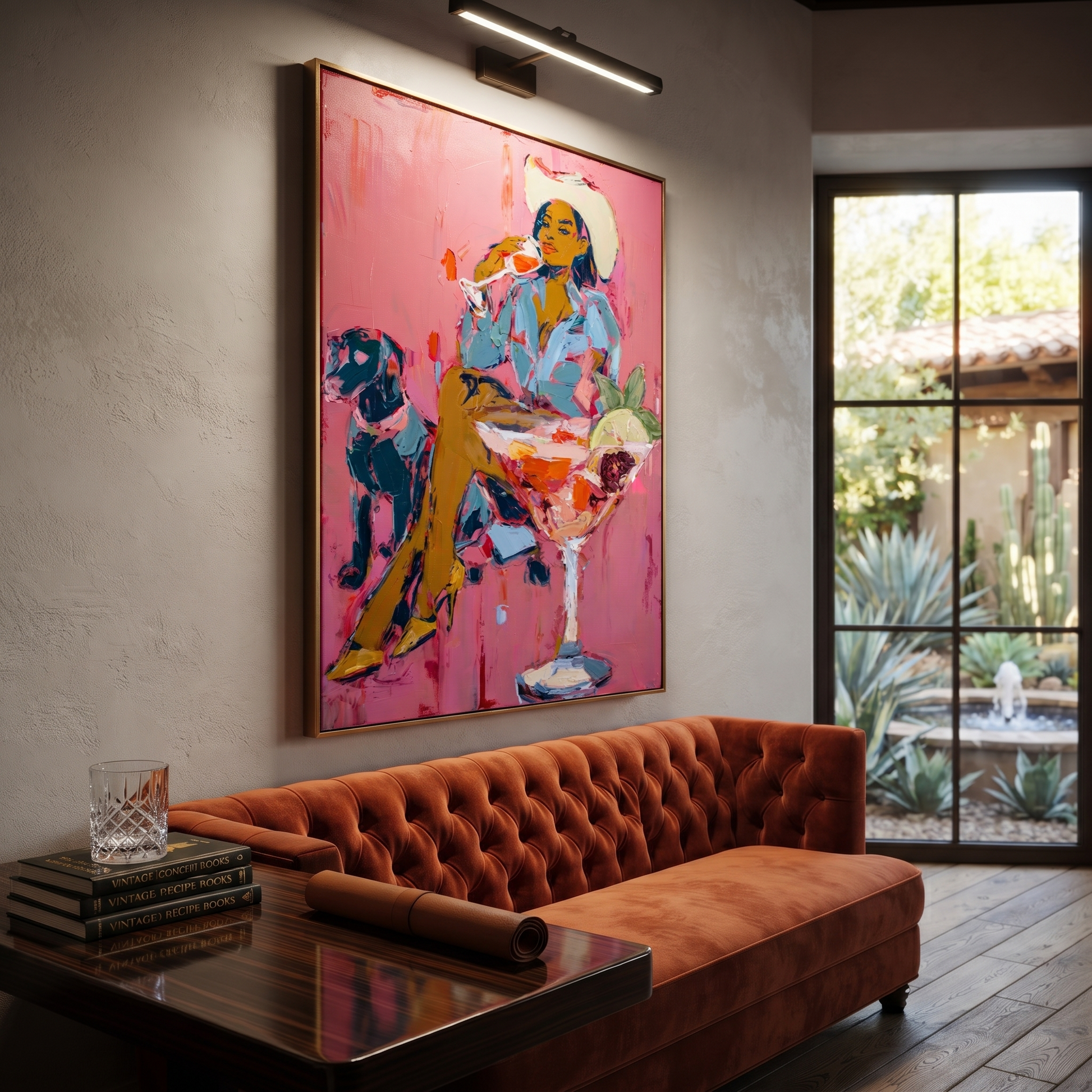 Pink Cocktails Guard Company - cowgirl dog cocktail painting by Ethan Mercer, contemporary Western vertical wall art – styled room scene view 4