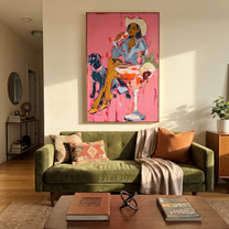 Pink Cocktails Guard Company - cowgirl dog cocktail painting by Ethan Mercer, contemporary Western vertical wall art – styled room scene view 5