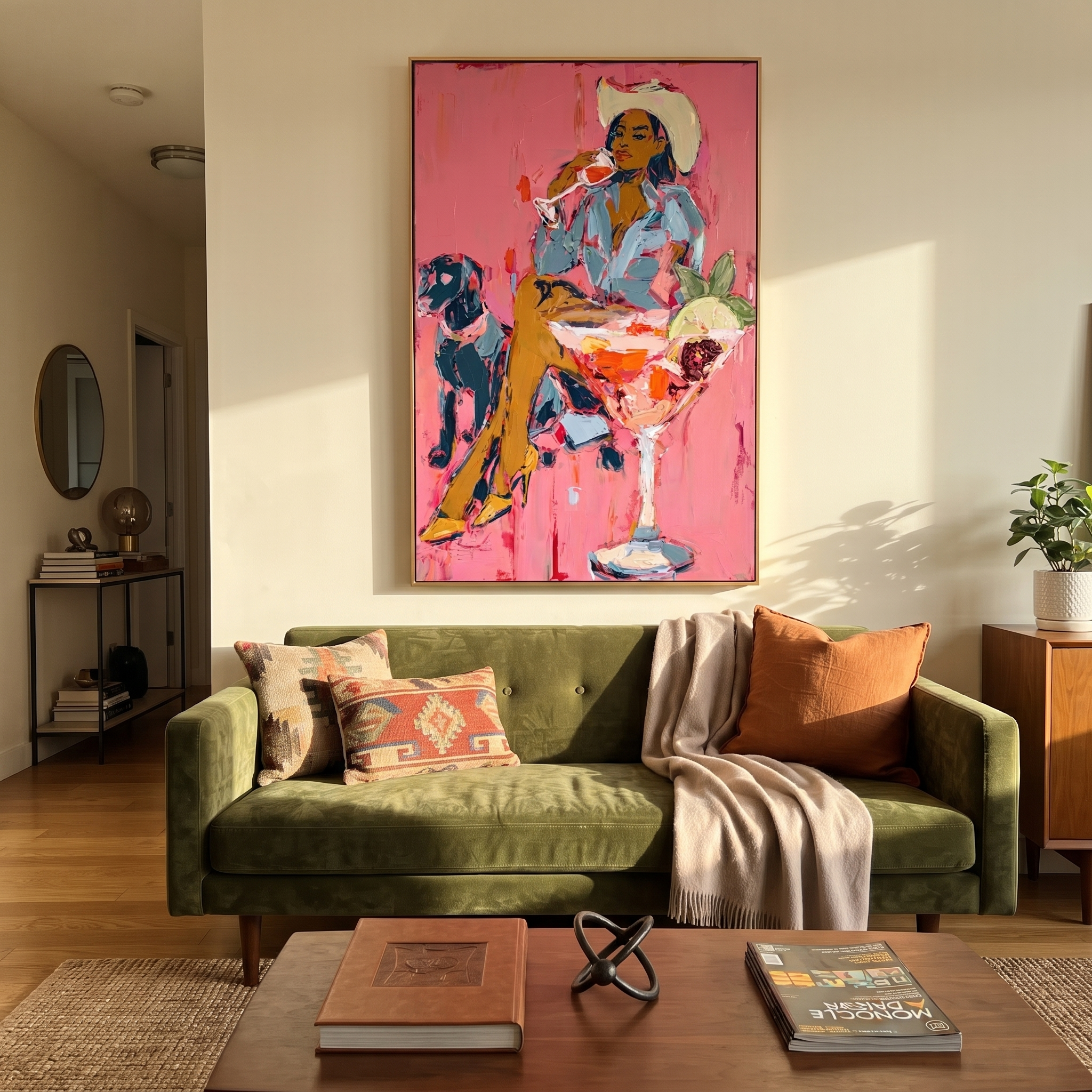 Pink Cocktails Guard Company - cowgirl dog cocktail painting by Ethan Mercer, contemporary Western vertical wall art – styled room scene view 5