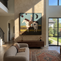 Star Horse Crosses Moonlight - rider and star horse painting by Ethan Mercer, contemporary Western square wall art – styled room scene view 1