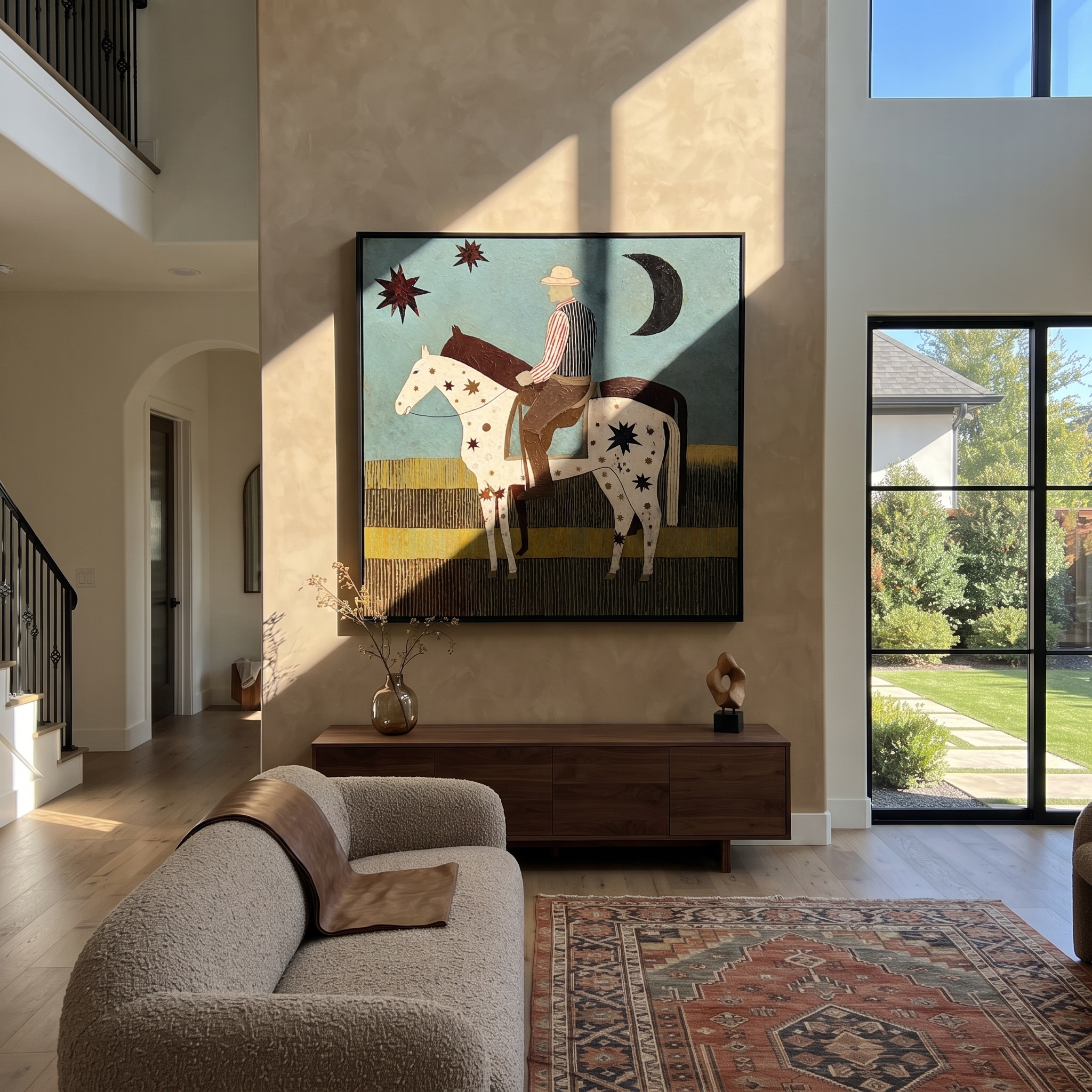 Star Horse Crosses Moonlight - rider and star horse painting by Ethan Mercer, contemporary Western square wall art – styled room scene view 1
