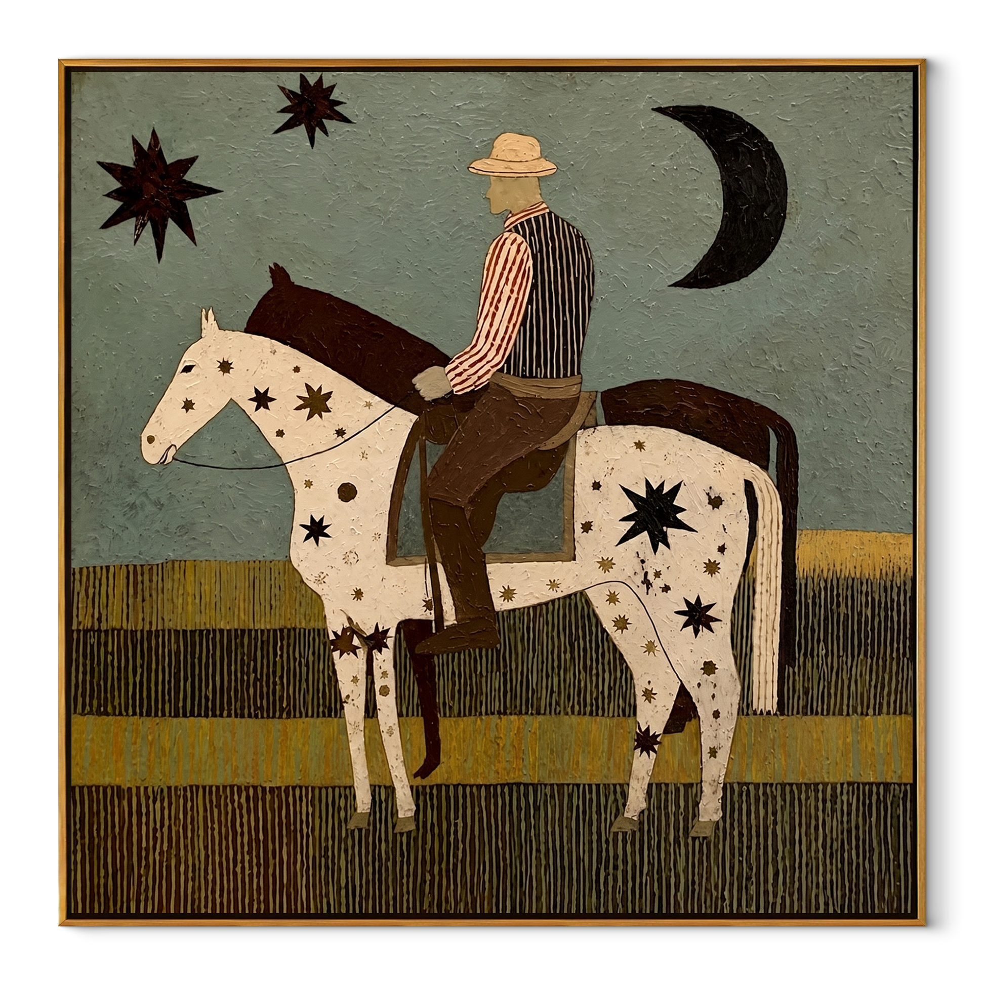Star Horse Crosses Moonlight - rider and star horse painting by Ethan Mercer, contemporary Western square wall art – wood frame on white background