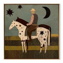 Star Horse Crosses Moonlight - rider and star horse painting by Ethan Mercer, contemporary Western square wall art – wood frame on white background