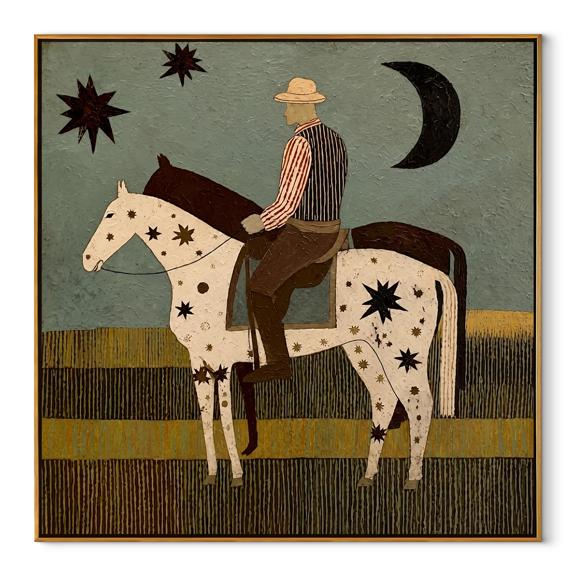 Star Horse Crosses Moonlight - rider and star horse painting by Ethan Mercer, contemporary Western square wall art – wood frame on white background