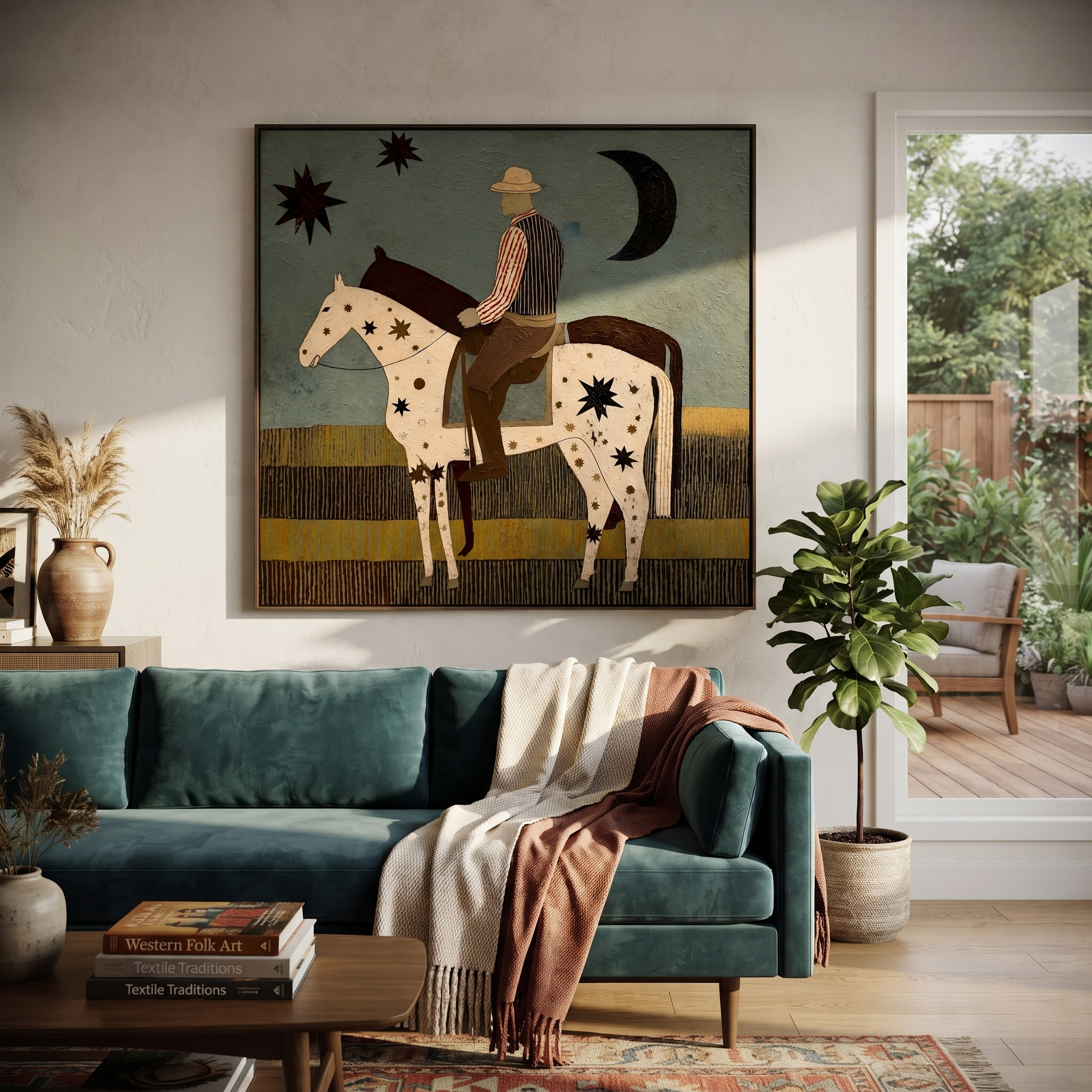 Star Horse Crosses Moonlight - rider and star horse painting by Ethan Mercer, contemporary Western square wall art – styled room scene view 2