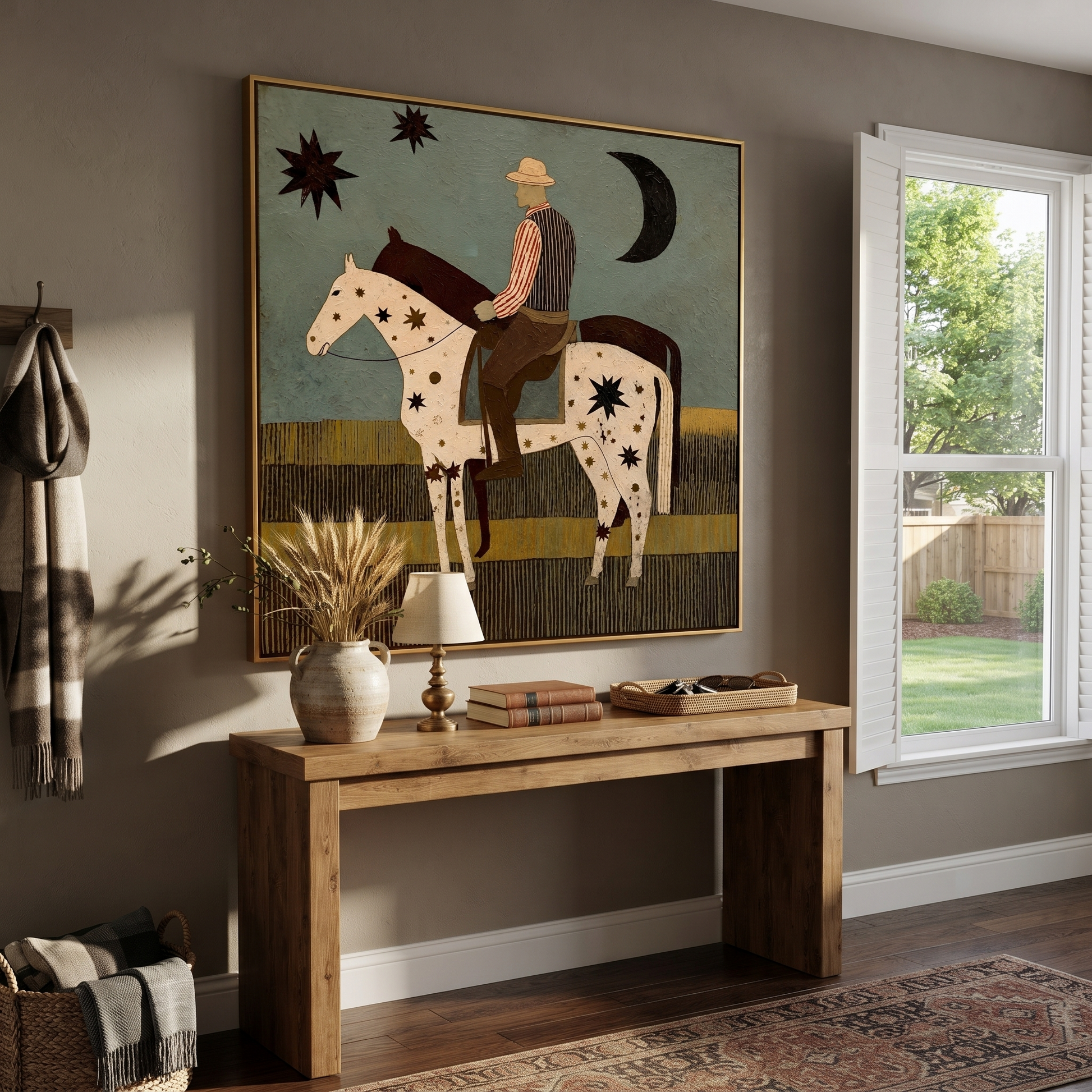 Star Horse Crosses Moonlight - rider and star horse painting by Ethan Mercer, contemporary Western square wall art – styled room scene view 3