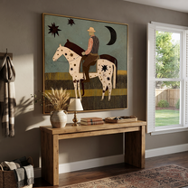 Star Horse Crosses Moonlight - rider and star horse painting by Ethan Mercer, contemporary Western square wall art – styled room scene view 3