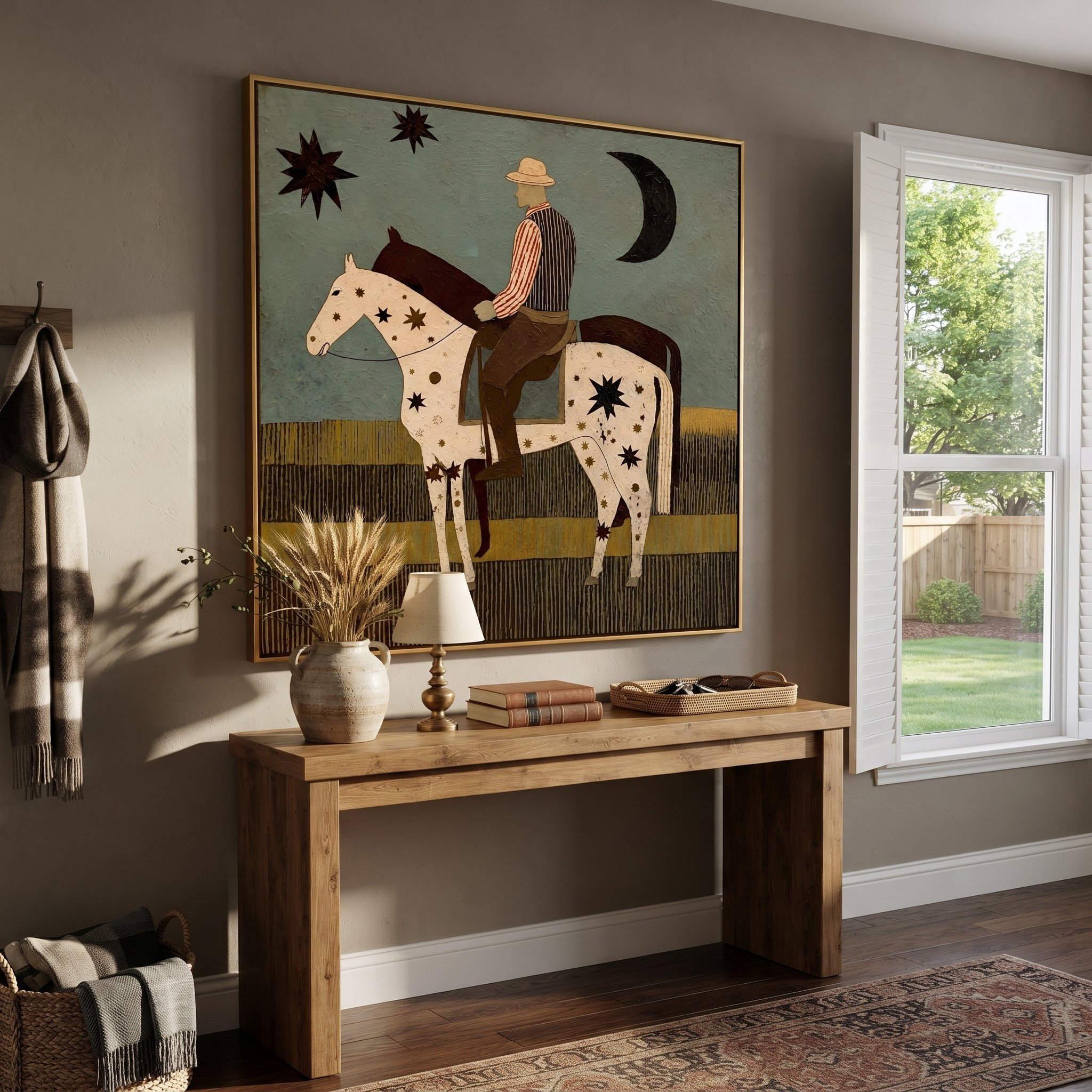 Star Horse Crosses Moonlight - rider and star horse painting by Ethan Mercer, contemporary Western square wall art – styled room scene view 3