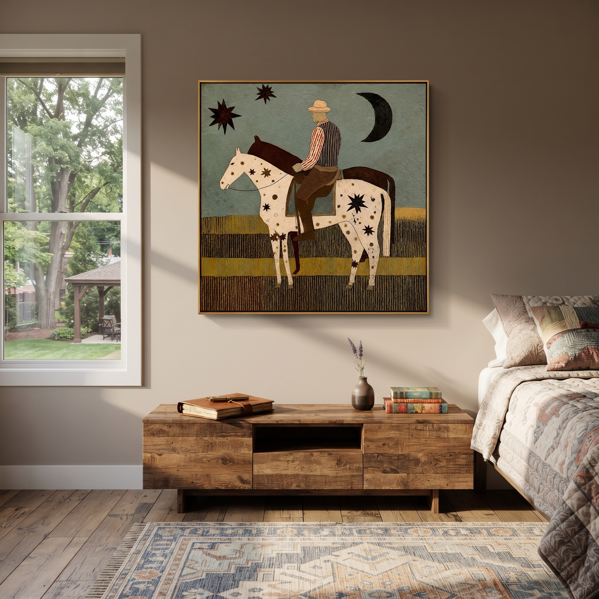 Star Horse Crosses Moonlight - rider and star horse painting by Ethan Mercer, contemporary Western square wall art – styled room scene view 4