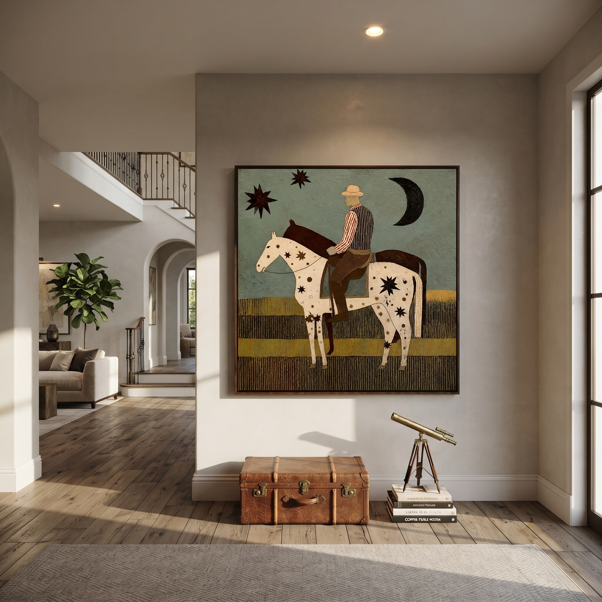 Star Horse Crosses Moonlight - rider and star horse painting by Ethan Mercer, contemporary Western square wall art – styled room scene view 5