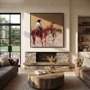 Two Riders Break Dust - expressive two rider painting by Ethan Mercer, contemporary Western square wall art – styled room scene view 1